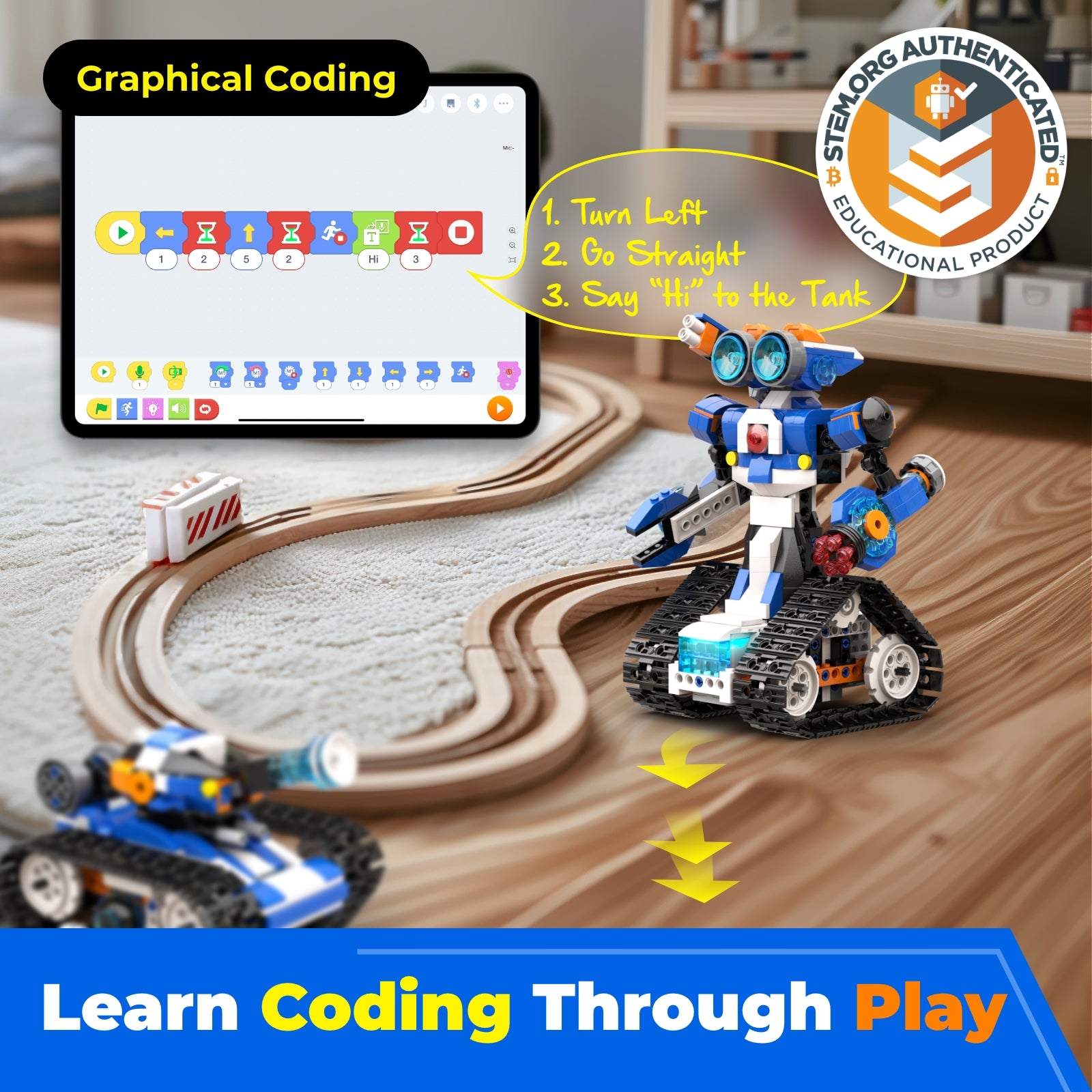 Kid coding Apitor Robot J with free Apitor Kit app on tablet – STEM learning toy