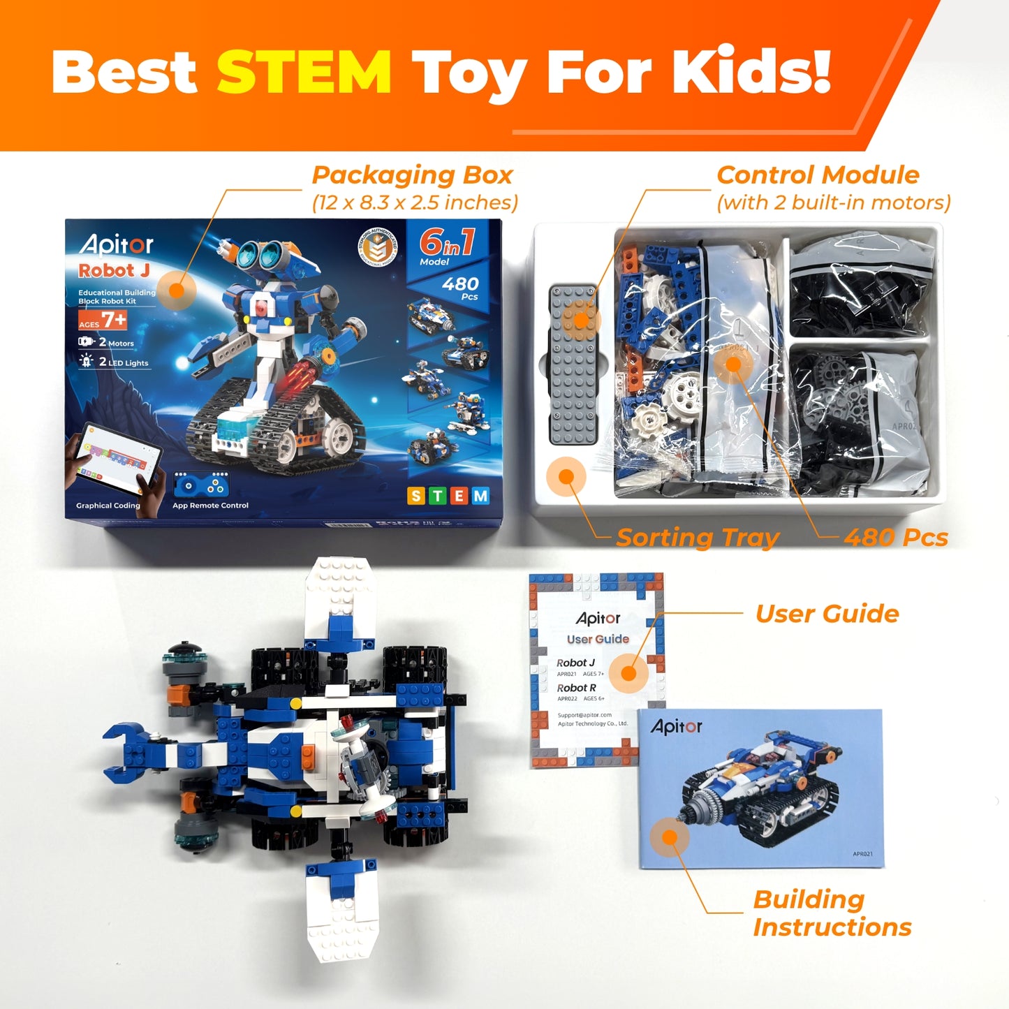 Robot J STEM Robot Toy 6-in-1 Robot Building Kit for Boys Age 8-12, APP Remote Control STEM Coding Toys, Educational Robotics Gifts for Boys Girls Kids Ages 7 8 9 10 11 12 (480 Pieces)